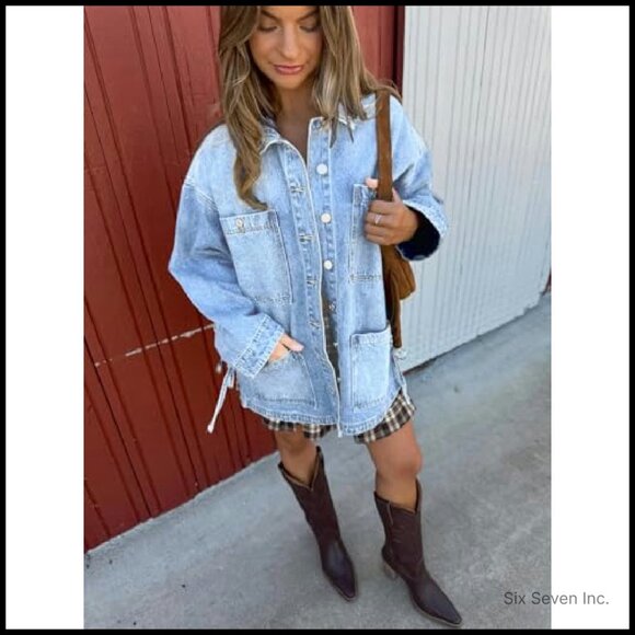 Oversized Denim Jacket Side Tie Bow Detail Boho Chic Boyfriend Fit - Picture 5 of 7